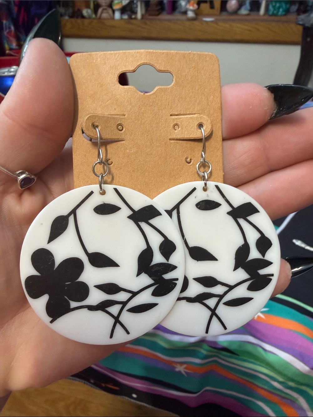 Black and White Floral Round Drop Earrings - Feminine Statement Jewelry